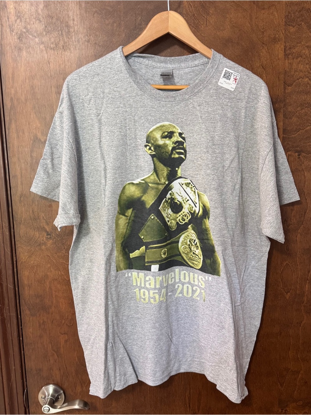 Gildan Marvin Hagler Gray Short Sleeve Tee with Yellow-Green Tribute Graphic